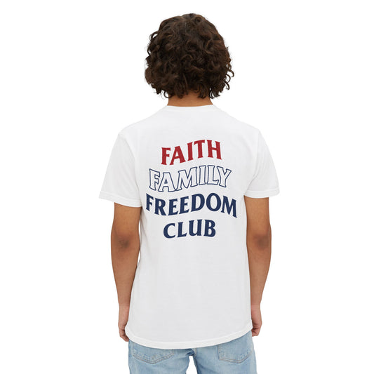 Faith Family Freedom Club Pocket Tee – Patriotic Red White Blue Shirt